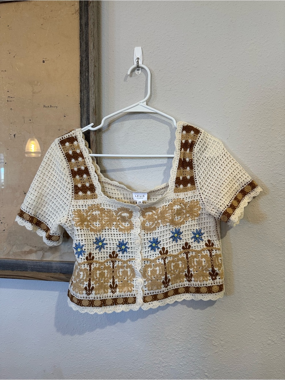 Le Lis Cream Crochet Floral Button-Front Crop Top with Brown and Blue Accents